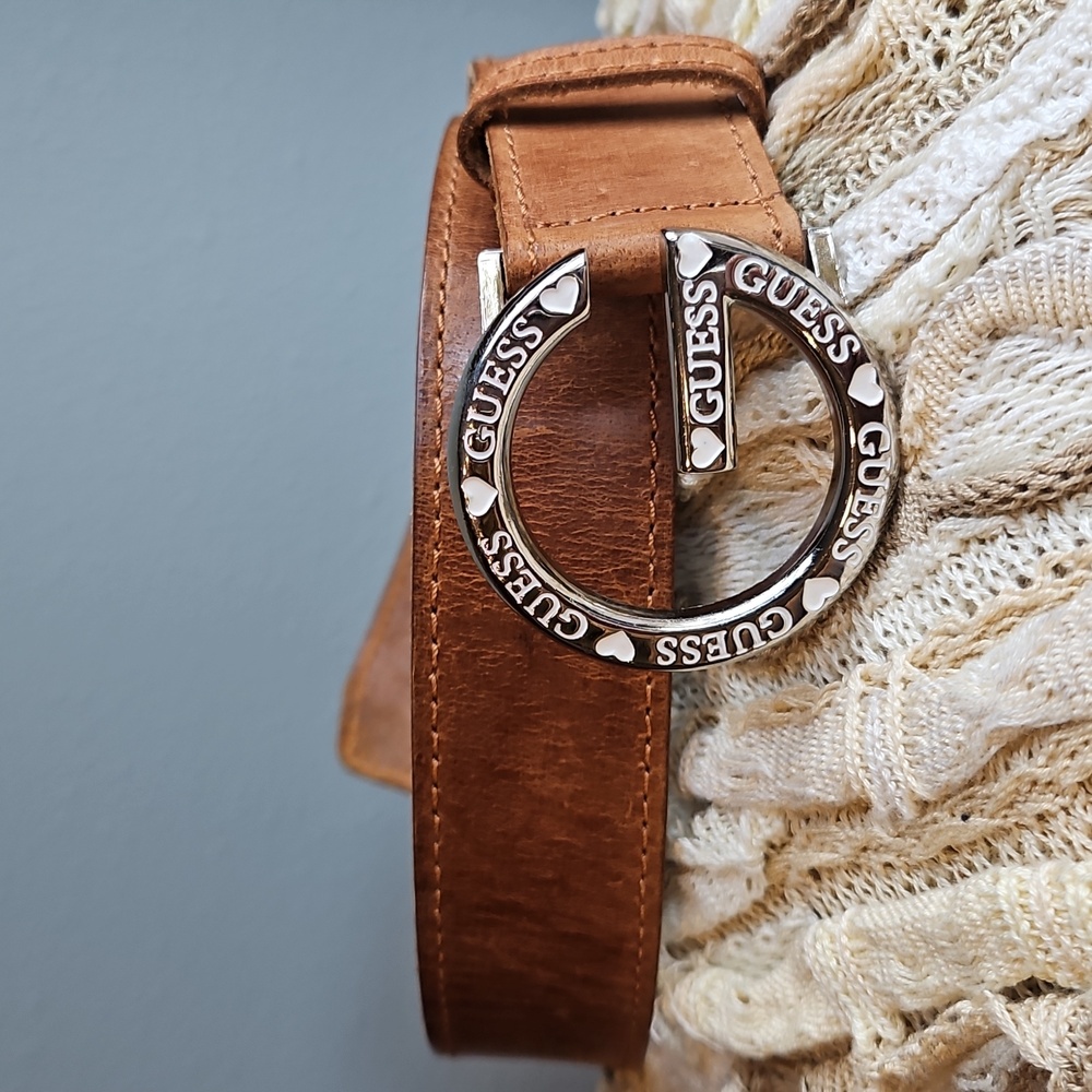 Guess Belt Leather Y2K Silver G Buckle with Hearts Brown Strap Size Sm